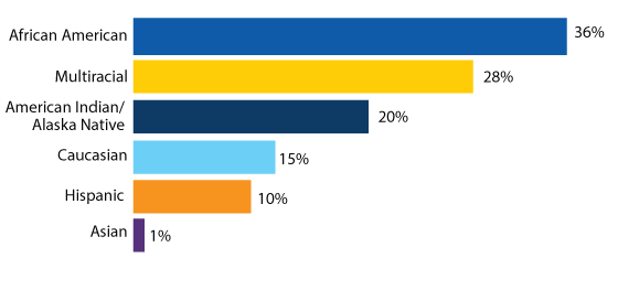thirty six percent are african american, twenty eight percent are multiracial, twenty percent are american indian or alaska native, fifteen percent are caucasian, ten percent are hispanic, one percent are asian