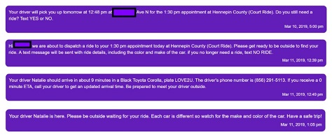 Text messages on day of ride