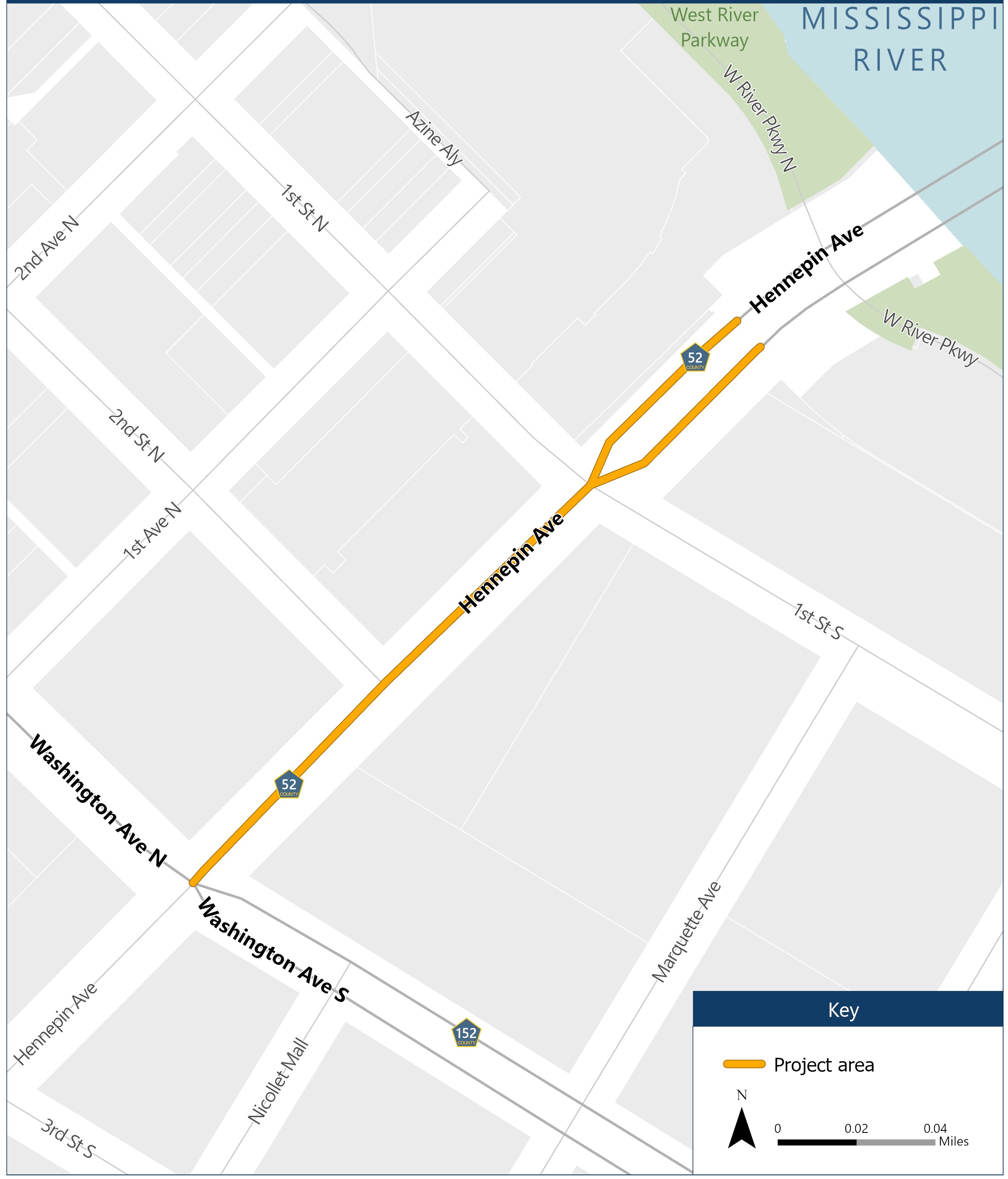 Project map of Hennepin Avenue from Washington Avenue (County Road 152) to the beginning of the Hennepin Avenue Bridge.