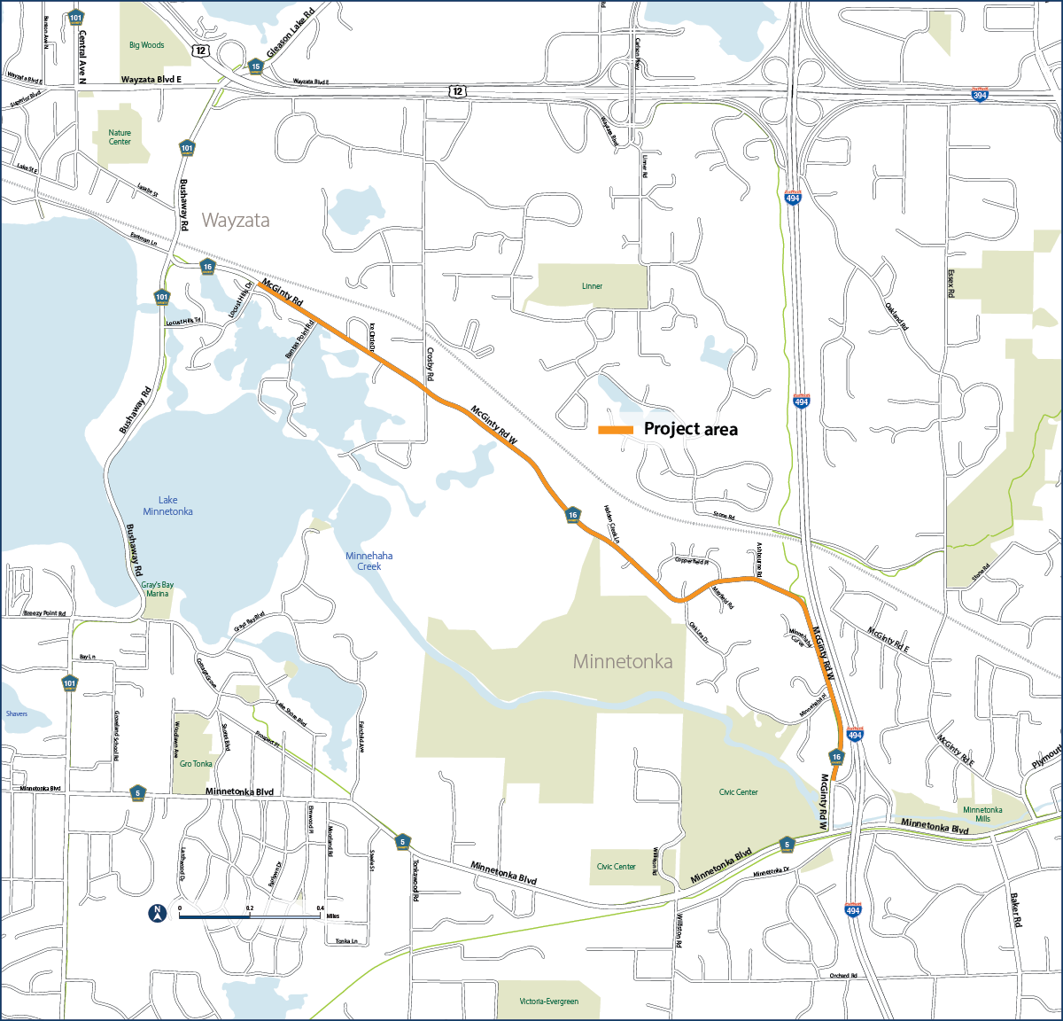 A map showing the McGinty Road project area. The project is between Interstate 494 and Locust Hill Drive in Minnetonka.