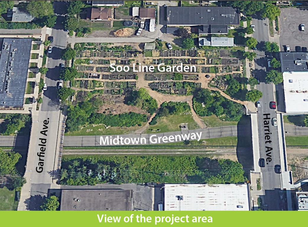 View of the proposed project area for the Midtown Greenway access improvement project. The new access ramp will be located between Harriet and Garfield avenues.