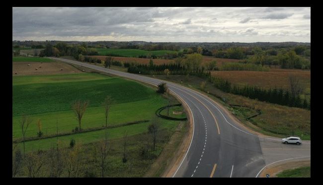 Aerial view of the new culvert, road and shoulders on County Road 92