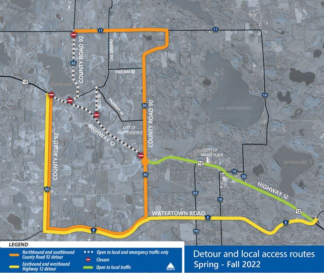 Detour and access routes during the Highway 12 and County Road 92 north leg closures