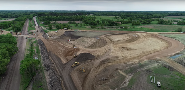 Aerial view of the grading work at the new County Road 92 and Highway 12 roundabout intersection