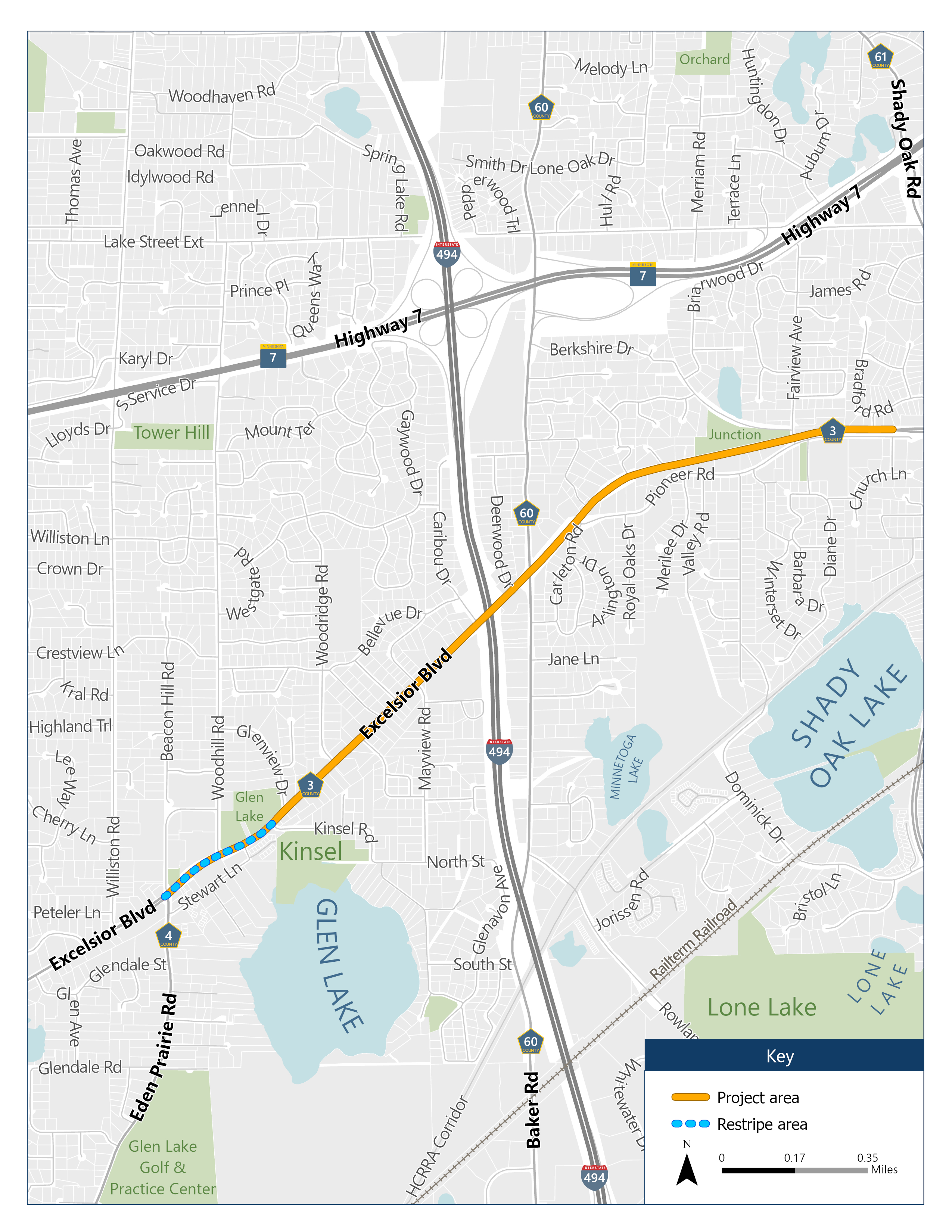 A project area map of Excelsior Boulevard (County Road 3) from Williston Road to Church Lane in the City of Minnetonka