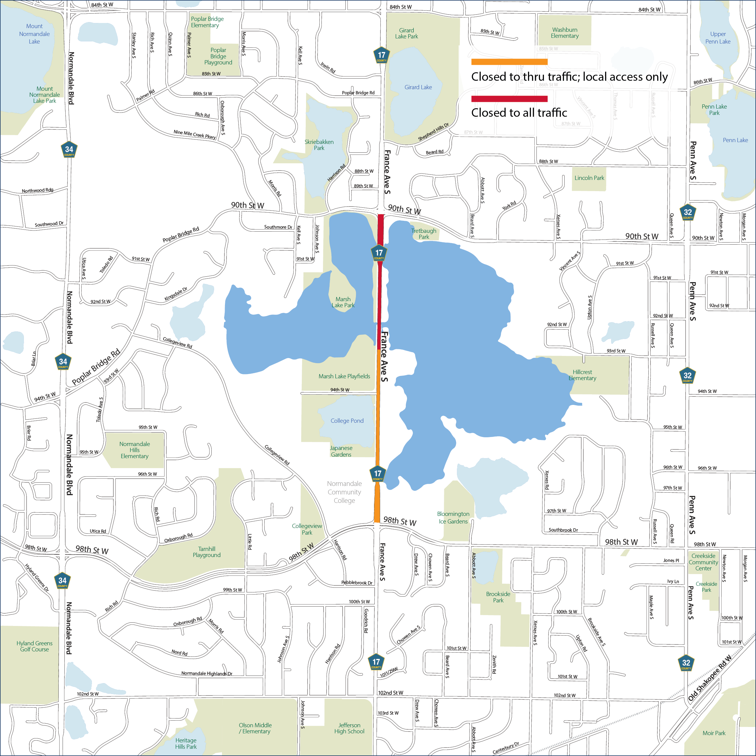A project area map showing construction on France Avenue between 90th Street and 98th Street in Bloomington.