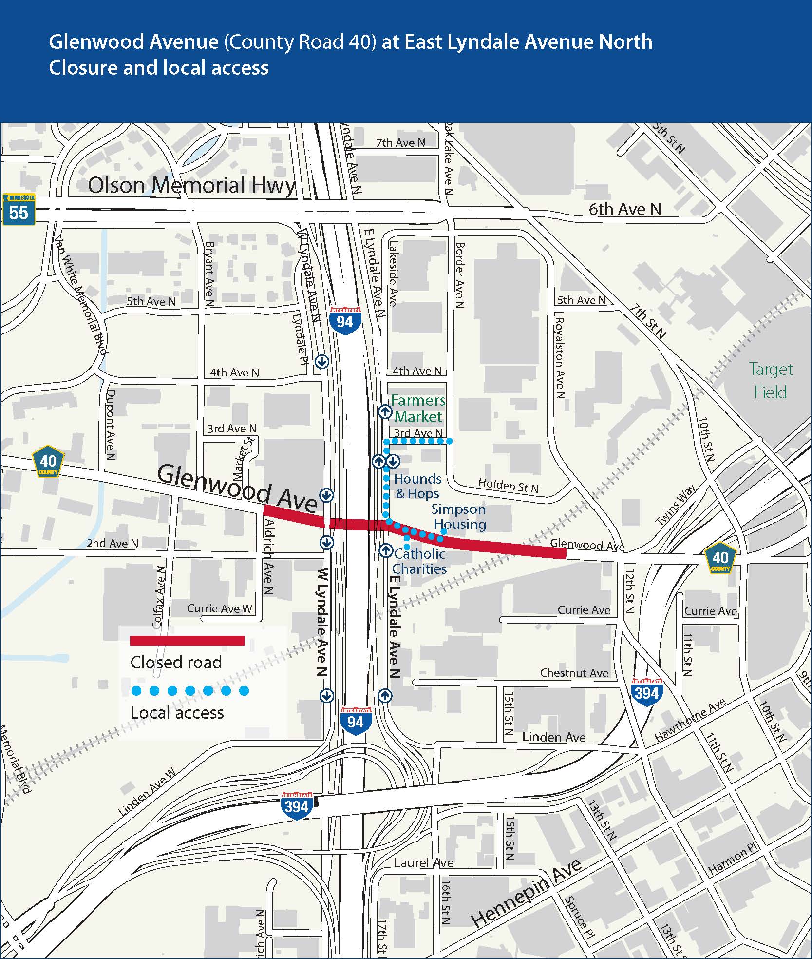 Updated Glenwood local access map with new closure on East Lyndale Avenue North