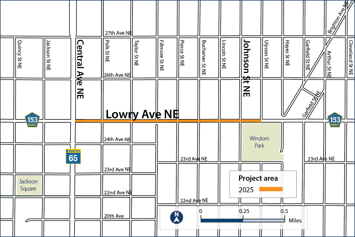 A project area map for Lowry Avenue. The project is on Lowry Avenue between Central Avenue and Ulysses Street.