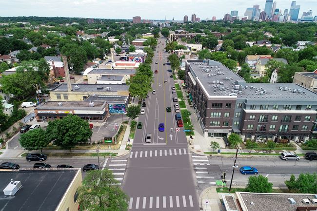 Rendering showing the 4- to 3-lane conversion for the pilot project on Lyndale Avenue South between Franklin Avenue and 31st Street