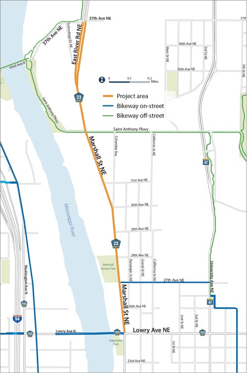 Marshall Street project area, including bike routes