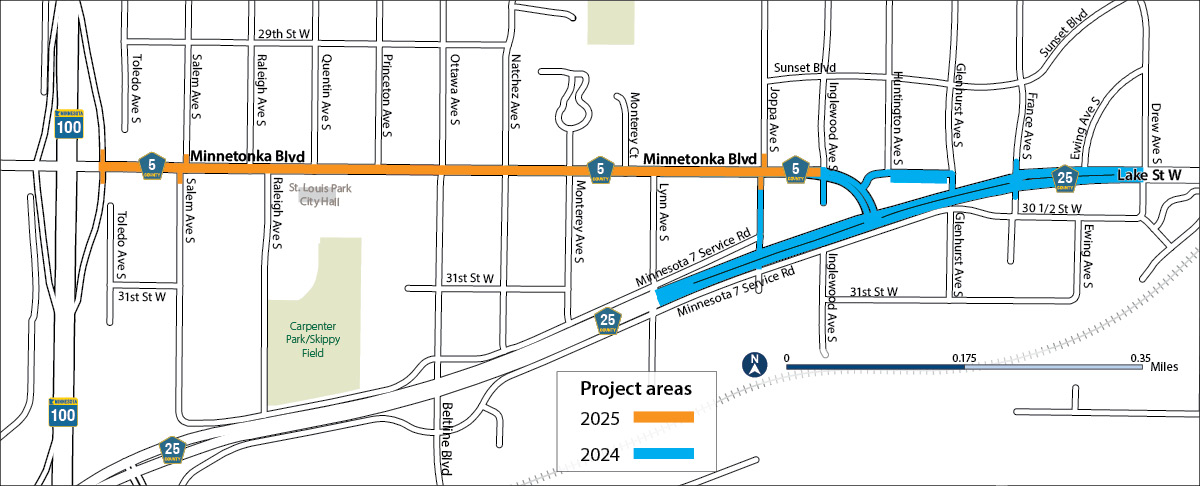 A project map for the minnetonka boulevard project (county roads 5 and 25) for 2024 and 2025.