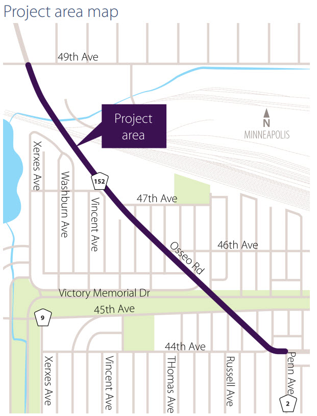 Map of the project area on Osseo Road between 49th Avenue and Penn Avenue in North Minneapolis