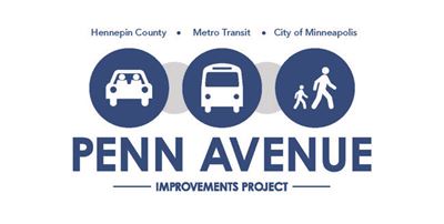 Penn Avenue Improvements Project logo shows a row of circular icons with a car, a bus and people walking. 