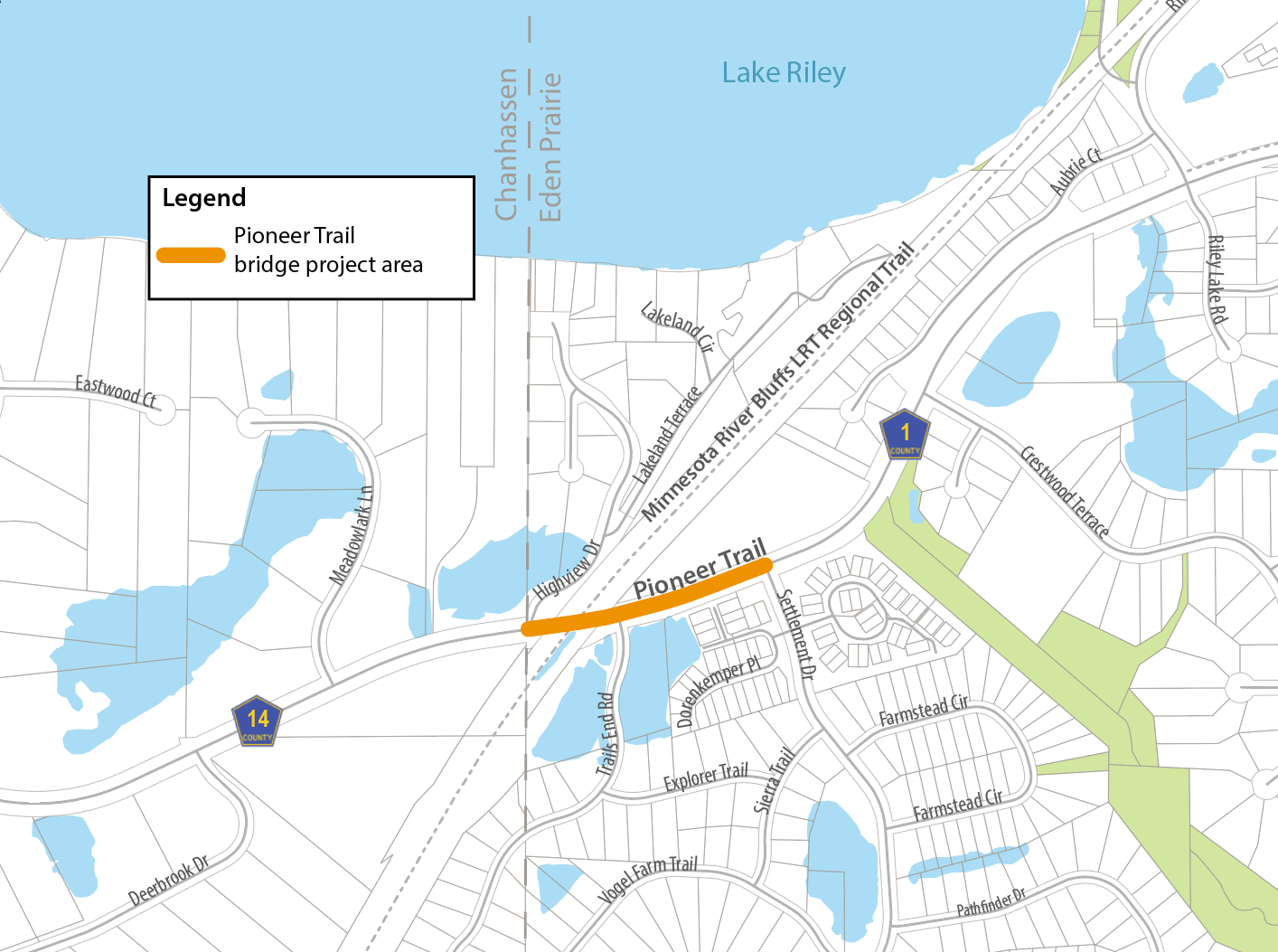 A map of the project area for the Pioneer Trail bridge project. The project is between Highview Drive and Settlement drive in Eden Prairie.