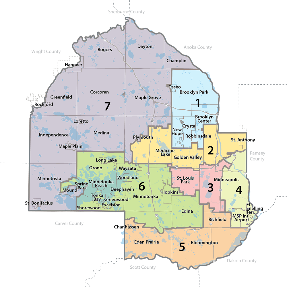 map of hennepin county showing the seven districts and the cities within each district