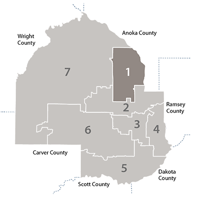 hennepin county map showing  the first district relative to the other six districts