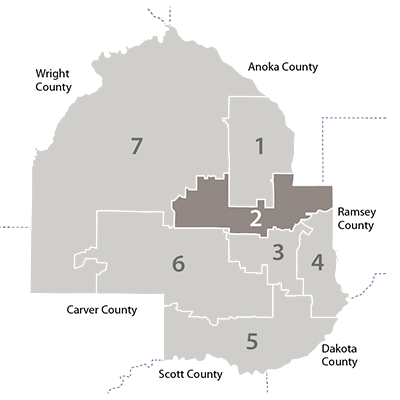 hennepin county map showing  district 2 relative to the other 6 districts