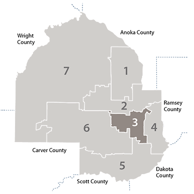 hennepin county map showing  district 3 relative to the other 6 districts