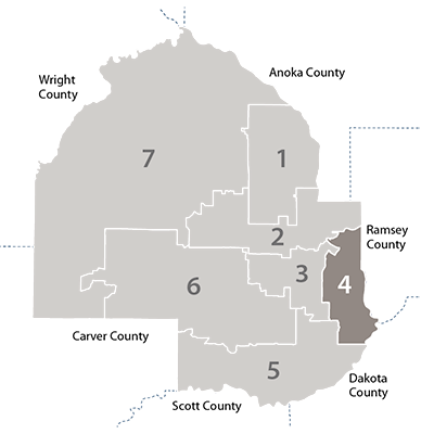hennepin county map showing  district 4 relative to the other 6 districts