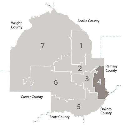 hennepin county map showing district 4 relative to the other 6 districts