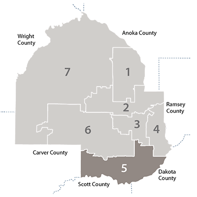 hennepin county map showing  district 5 relative to the other 6 districts