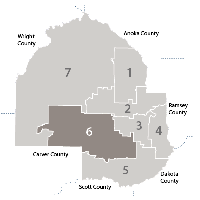 hennepin county map showing  district 6 relative to the other 6 districts