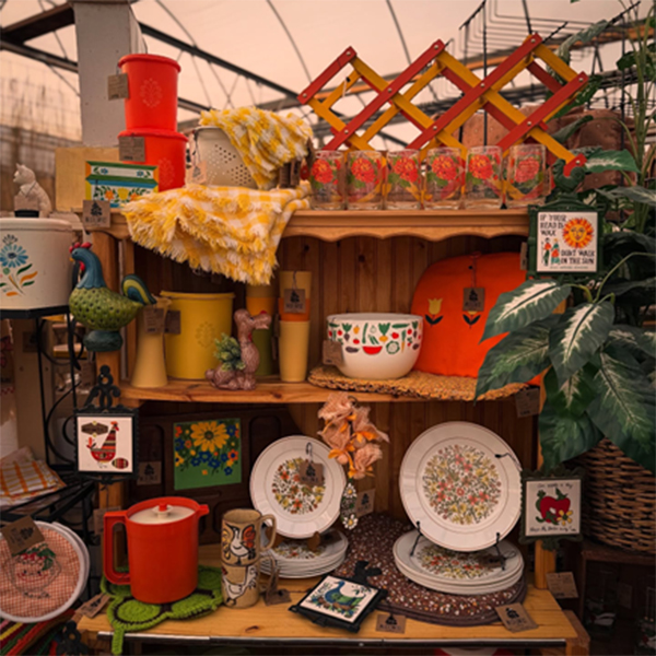colorful plates and other items on a shelf