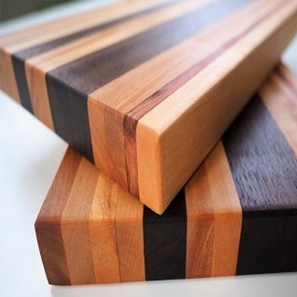 two handmade cutting boards of various wood types and colors stacked on one another