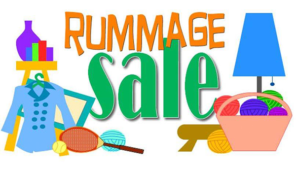 Rummage Sale words with drawings of a lamp, basket, clothing and other items