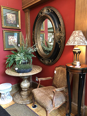Interior of shop with red walls and unique decor