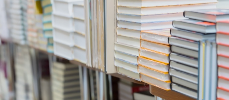 Stacks of textbooks in bookstore