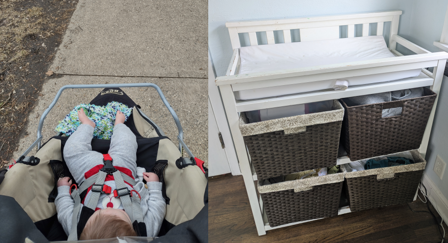 Toddler in stroller and changing table