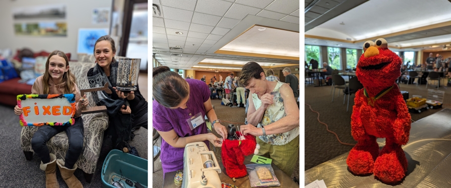 girl and mom with fixed sign, women repairing an item, elmo stuffed animal
