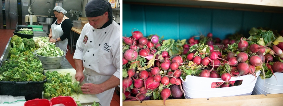 chef in kitchen cutting vegetables and a box of radishes