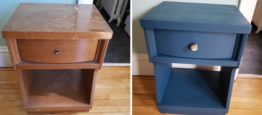 Refurbished side table, before and after side-by-side