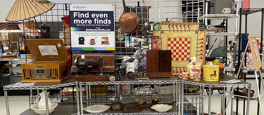 Store shelf with games, a record player, and ceramics