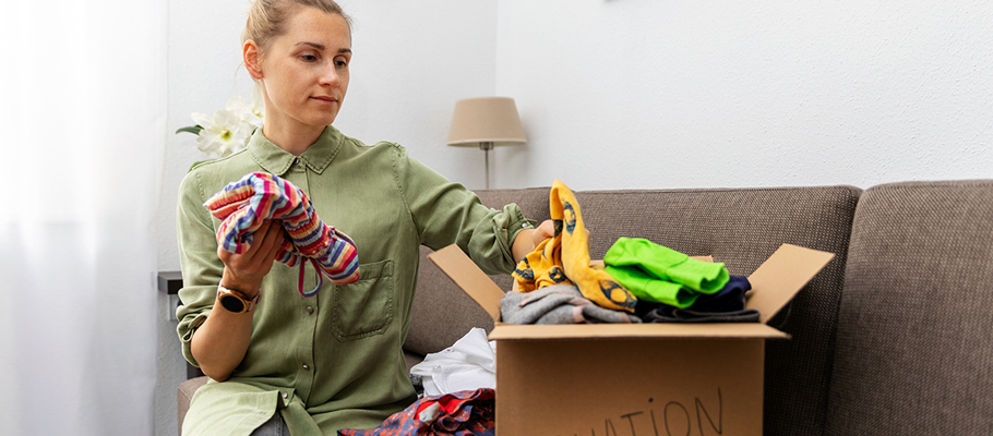 Woman sorting items into a box at home