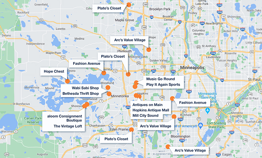 Holiday shopping map of retailers in western Minneapolis suburbs