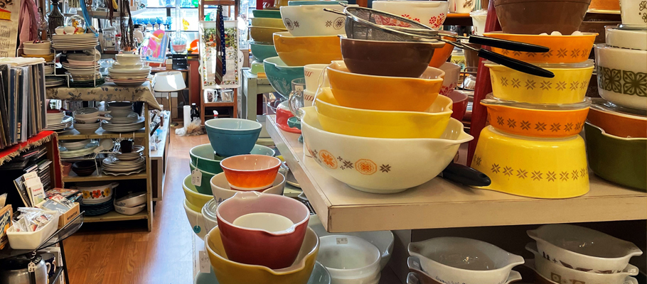 Interior of store showing shelves filled with vintage Pyrex