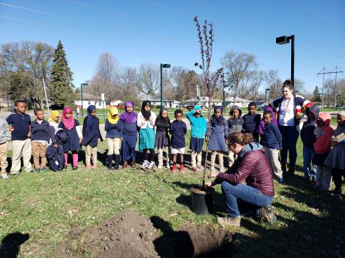 Students stand around Hennepin County Forester with tree that is about to be planted