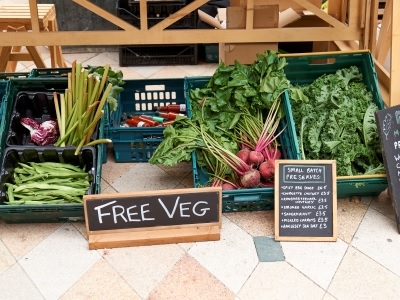 Free vegetables sign next to fresh vegetables in cartons
