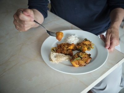 Close up of a plate with rice and chicken