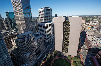 Aerial view of Hennepin County Government Center and other buildings in downtown Minneapolis