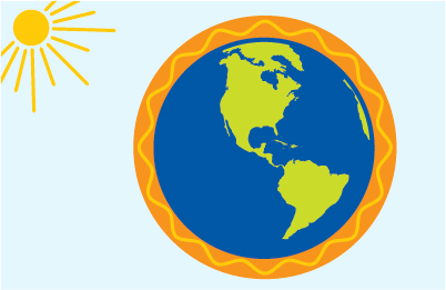 Illustration showing earth with red and orange heat waves surrounding it and sun shining on it