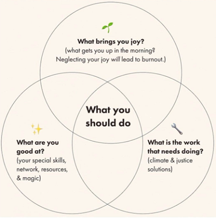Venn diagram with what brings you joy, what are you good at, and what works needs to be done on the outside and what you should do in the middle