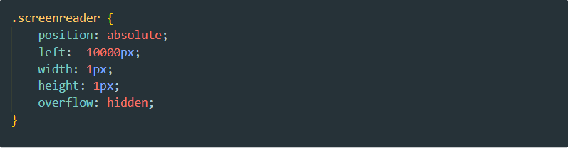 A CSS snippet hiding text with an overflow property as hidden and absolute positioning to the far left.