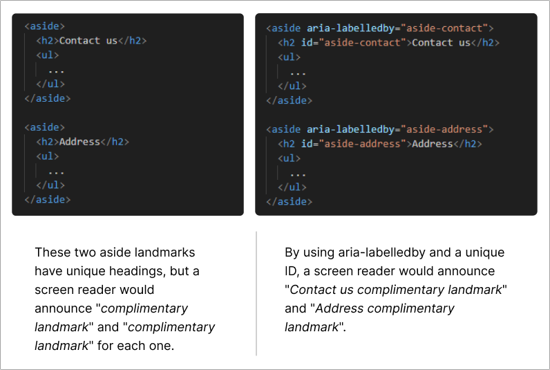 HTML specifying an element ID to associate with its corresponding aria-labelledby. This example is using an id for Favorite Pet to refer to the radio group of pets.