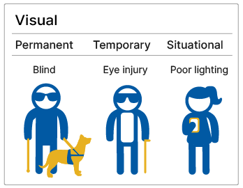 Three people with vision impairements.  The person who is blind has a permanent disability.  The person who has difficulty seeing due to pink eye has a temporary disability.  The person having difficulty reading their phone due to too much or sunlight has a situational limitation impacting their seeing ability.   (**sidenote - the distracted driver is not accurate with the image, which is why I changed it)