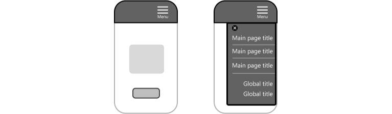 Illustration of two mobile devices with a right-aligned hamburger menu. First illustration shows menu closed and second illustration shows menu open.