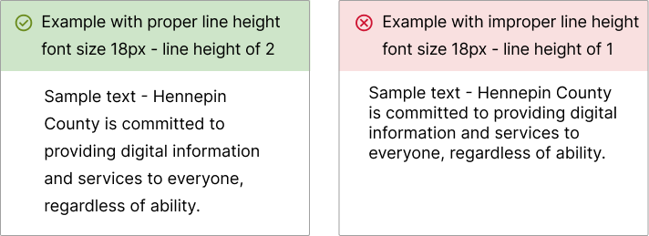 Side-by-side example of improper vs. proper line height. The example of proper line height shows sufficient space between lines of text.  The example of improper line height shows text too close together. 